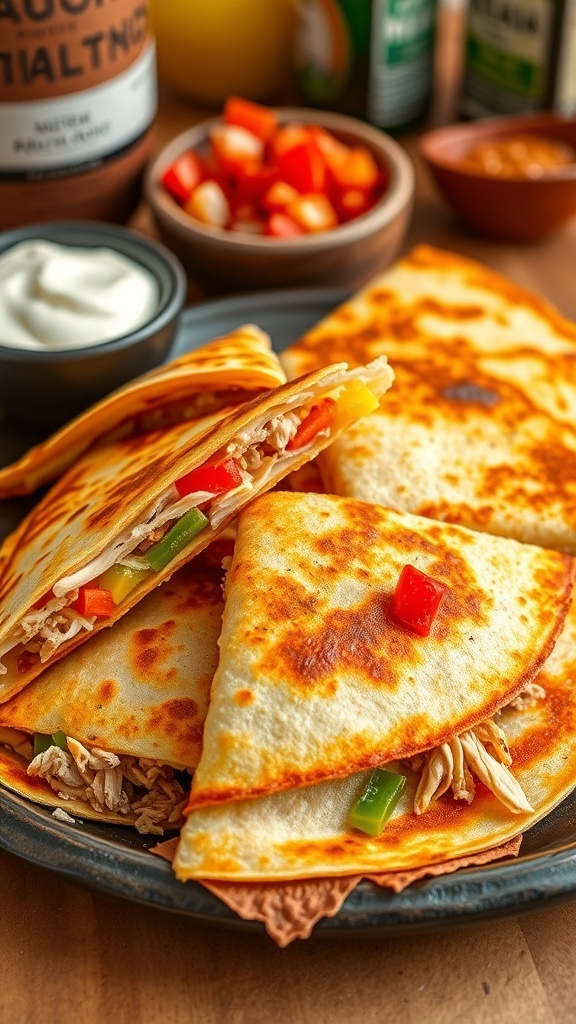 Crispy chicken quesadilla filled with cheese and peppers, served with sour cream and salsa.
